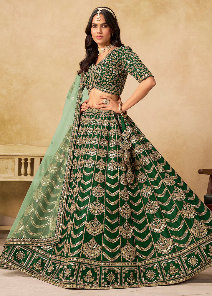 Buy Now Wedding Festive Art Silk Green Embroidered Lehenga Choli Online in US, UK, Canada, France, Germany, Sweden, Denmark, Ireland & Worldwide at Empress.