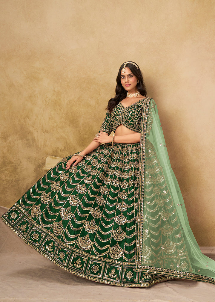 Buy Now Wedding Festive Art Silk Green Embroidered Lehenga Choli Online in US, UK, Canada, France, Germany, Sweden, Denmark, Ireland & Worldwide at Empress.