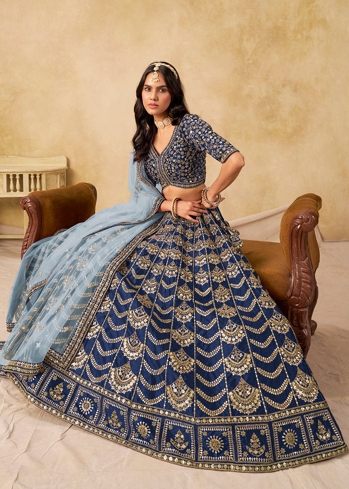 Buy Now Wedding Festive Art Silk Blue Embroidered Lehenga Choli Online in US, UK, Canada, France, Germany, Sweden, Denmark, Ireland & Worldwide at Empress.