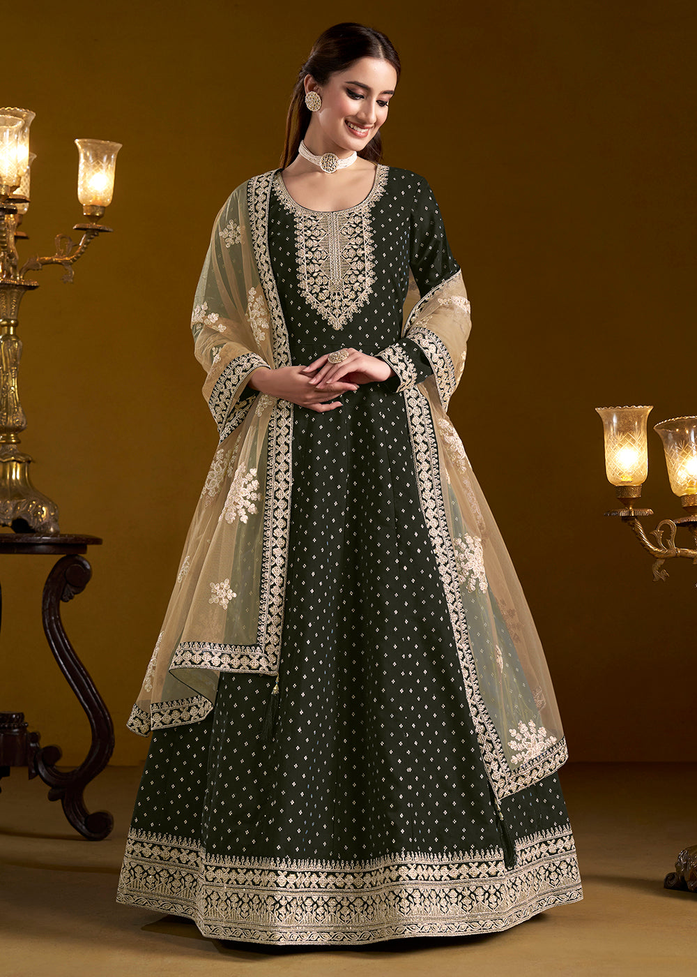 Buy Now Black Chanderi Butti Embroidered Festive Anarkali Suit Online in USA, UK, Australia, Italy, Germany, Canada, UAE & Worldwide at Empress Clothing.