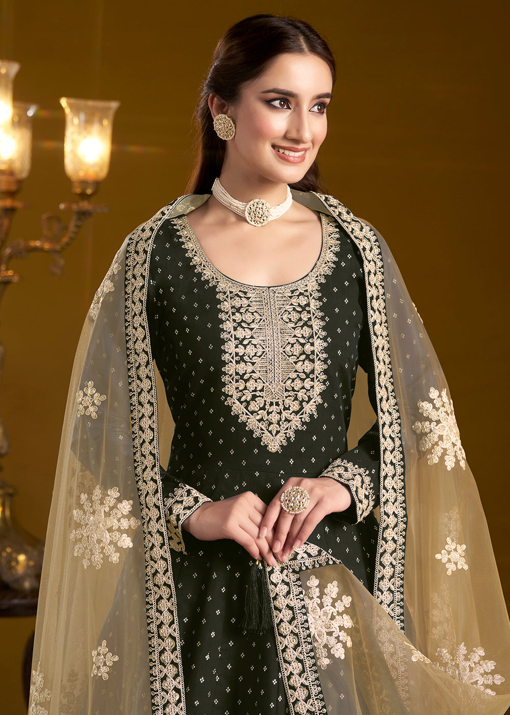 Buy Now Black Chanderi Butti Embroidered Festive Anarkali Suit Online in USA, UK, Australia, Italy, Germany, Canada, UAE & Worldwide at Empress Clothing.