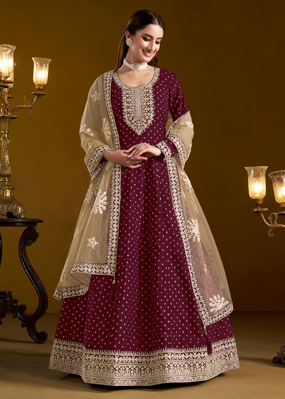 Buy Now Wine Chanderi Butti Embroidered Festive Anarkali Suit Online in USA, UK, Australia, Italy, Germany, Canada, UAE & Worldwide at Empress Clothing. 