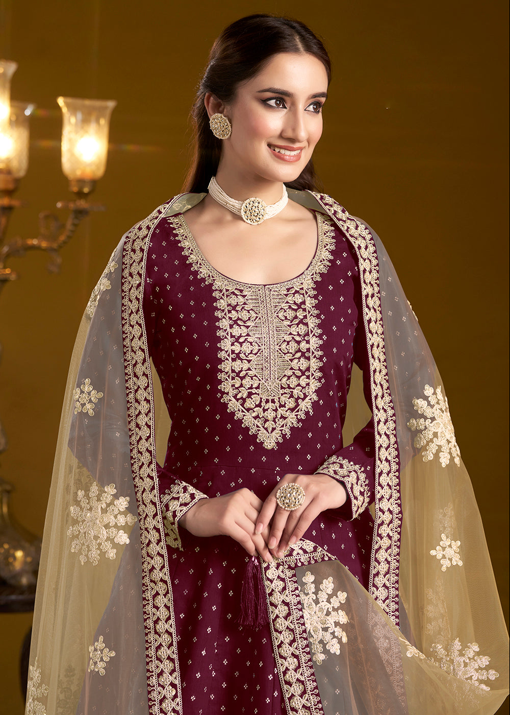 Buy Now Wine Chanderi Butti Embroidered Festive Anarkali Suit Online in USA, UK, Australia, Italy, Germany, Canada, UAE & Worldwide at Empress Clothing. 