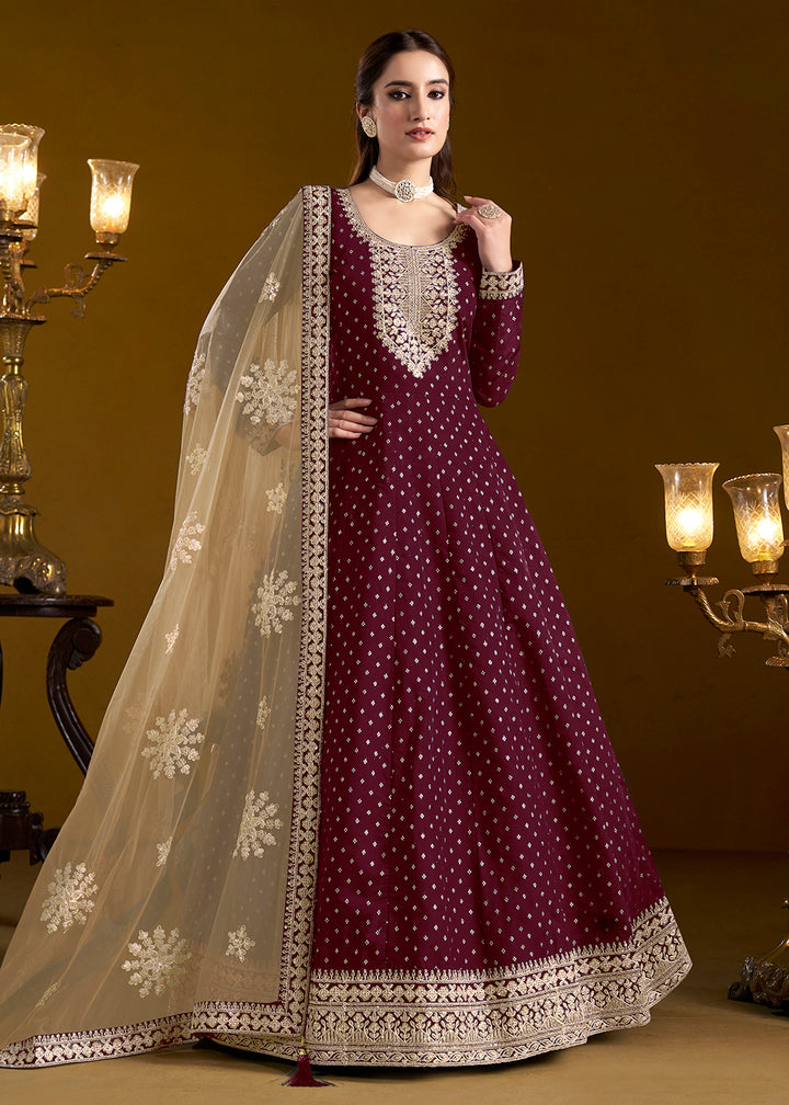 Buy Now Wine Chanderi Butti Embroidered Festive Anarkali Suit Online in USA, UK, Australia, Italy, Germany, Canada, UAE & Worldwide at Empress Clothing. 