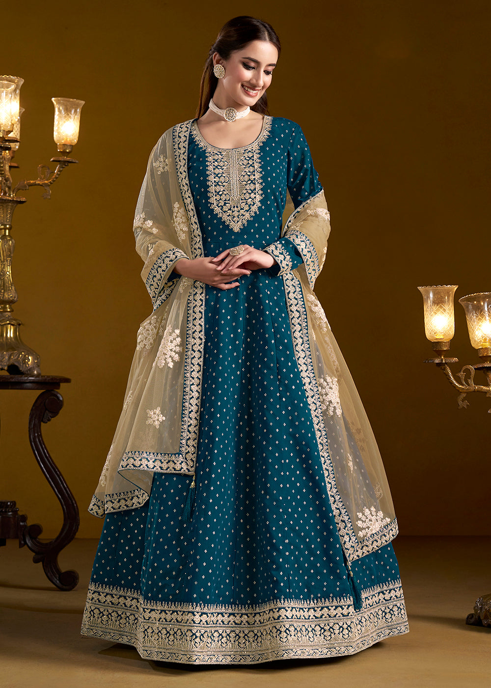 Buy Now Teal Blue Chanderi Butti Embroidered Festive Anarkali Suit Online in USA, UK, Australia, Italy, Germany, Canada, UAE & Worldwide at Empress Clothing. 