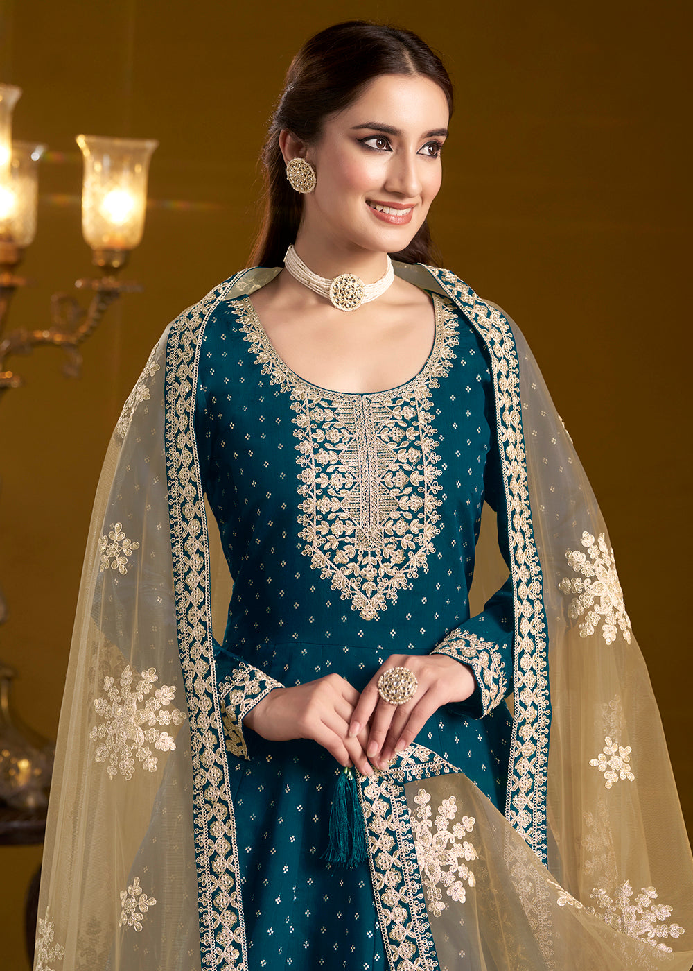 Buy Now Teal Blue Chanderi Butti Embroidered Festive Anarkali Suit Online in USA, UK, Australia, Italy, Germany, Canada, UAE & Worldwide at Empress Clothing. 