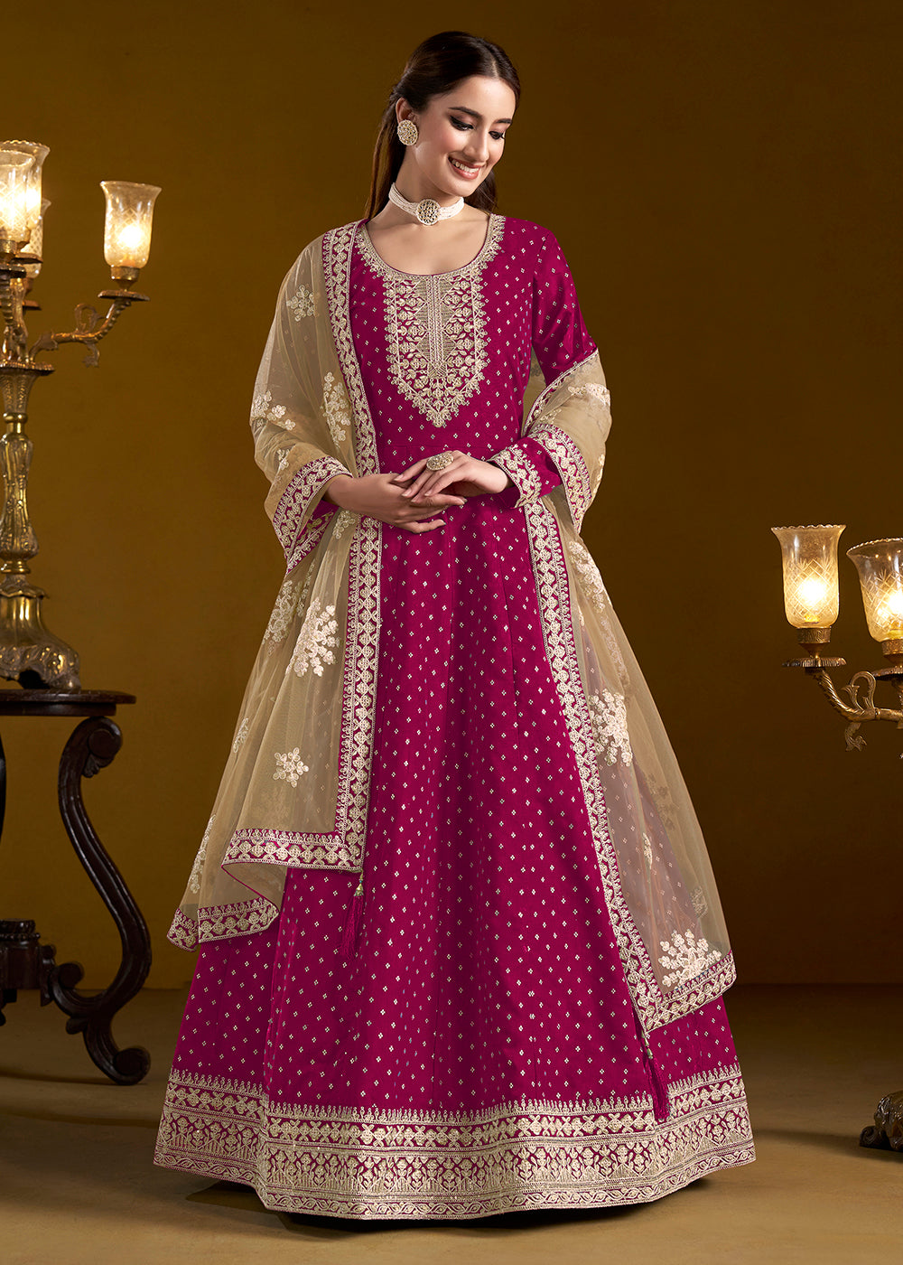 Buy Now Magenta Chanderi Butti Embroidered Festive Anarkali Suit Online in USA, UK, Australia, Italy, Germany, Canada, UAE & Worldwide at Empress Clothing.