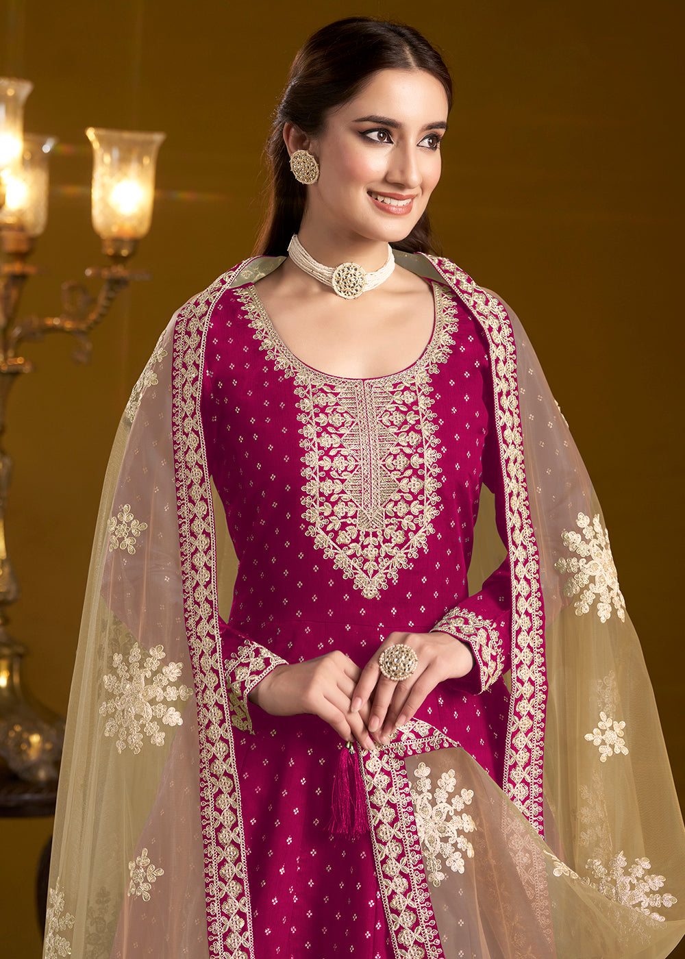 Buy Now Magenta Chanderi Butti Embroidered Festive Anarkali Suit Online in USA, UK, Australia, Italy, Germany, Canada, UAE & Worldwide at Empress Clothing.