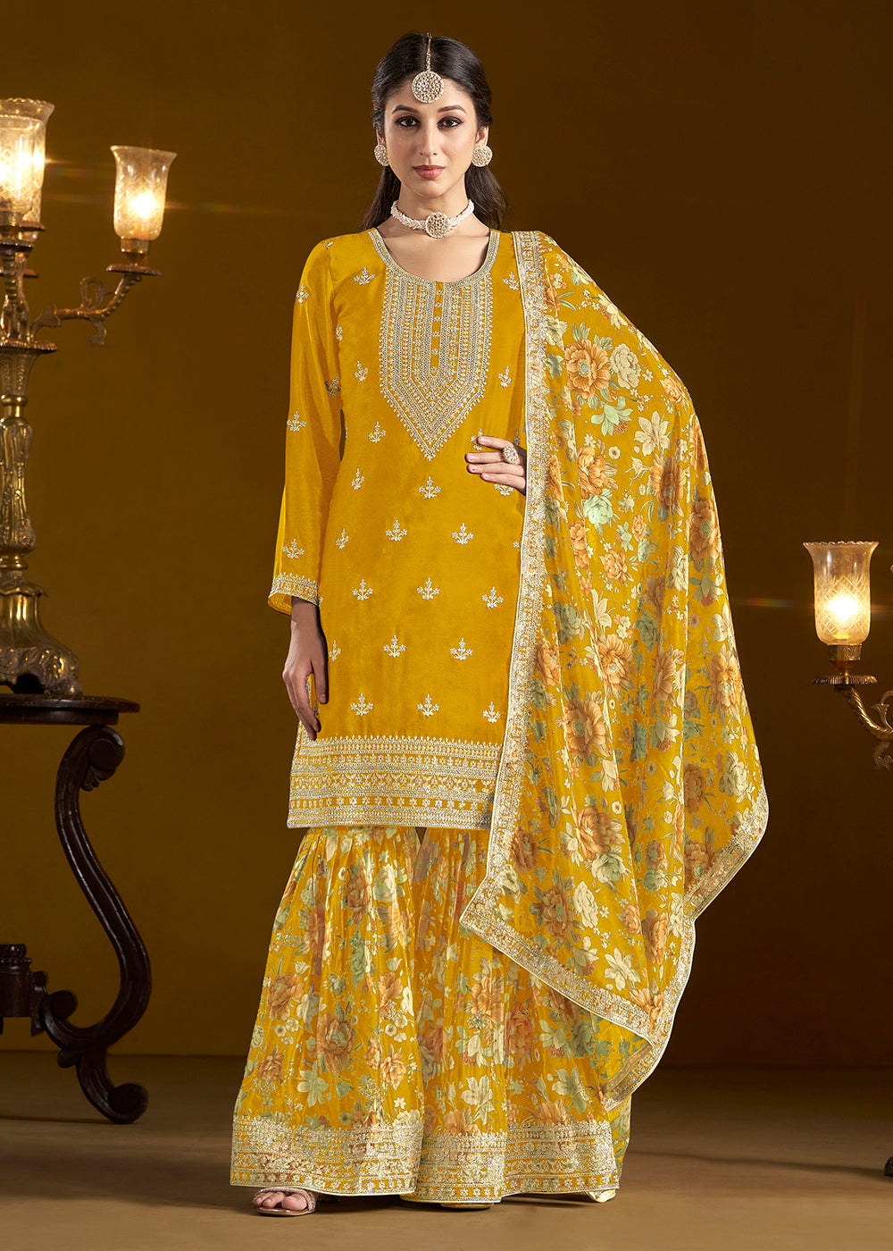 Shop Now Traditional Yellow Embroidered Chinnon Festive Gharara Suit Online at Empress Clothing in USA, UK, Canada, Germany, UAE & Worldwide. 