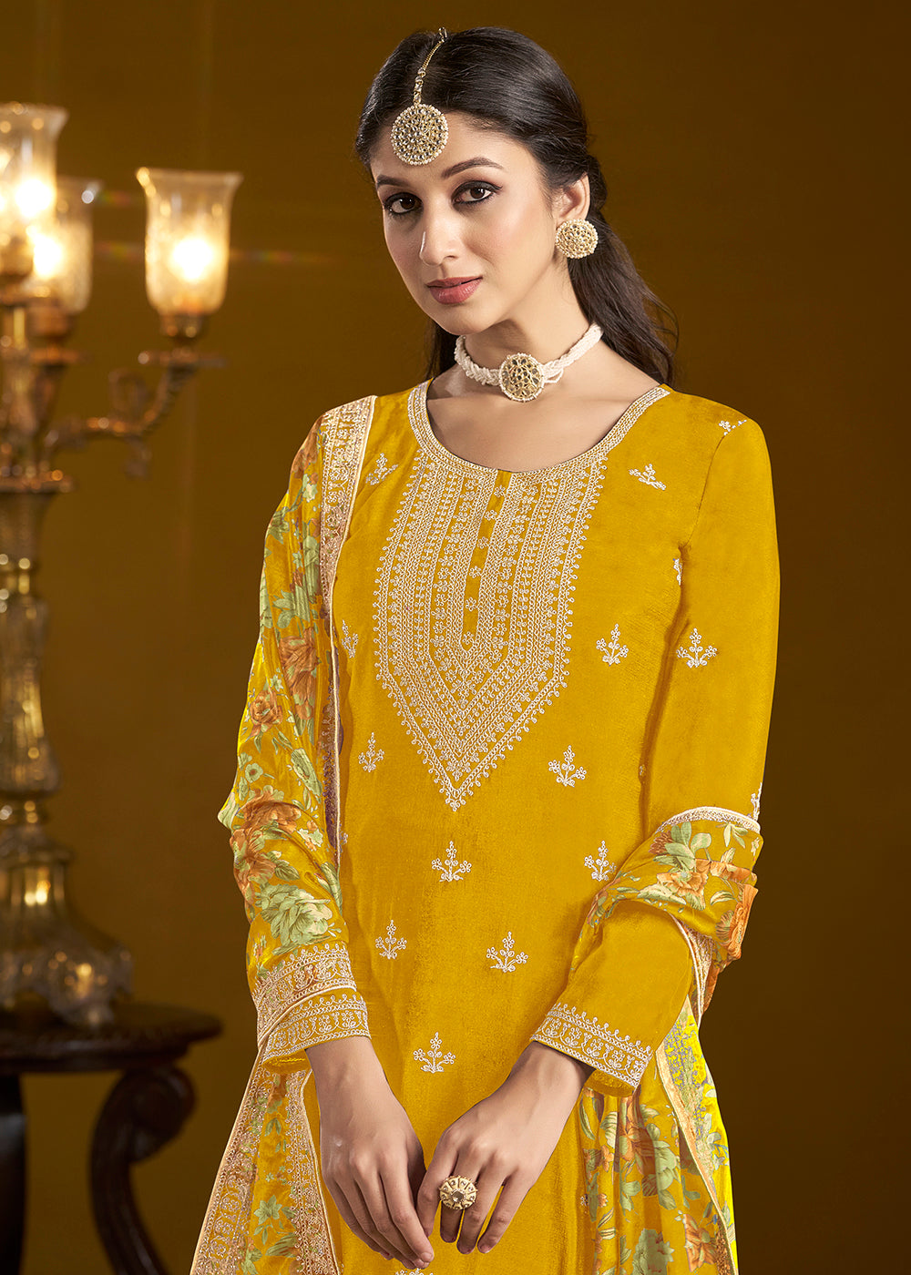 Shop Now Traditional Yellow Embroidered Chinnon Festive Gharara Suit Online at Empress Clothing in USA, UK, Canada, Germany, UAE & Worldwide. 