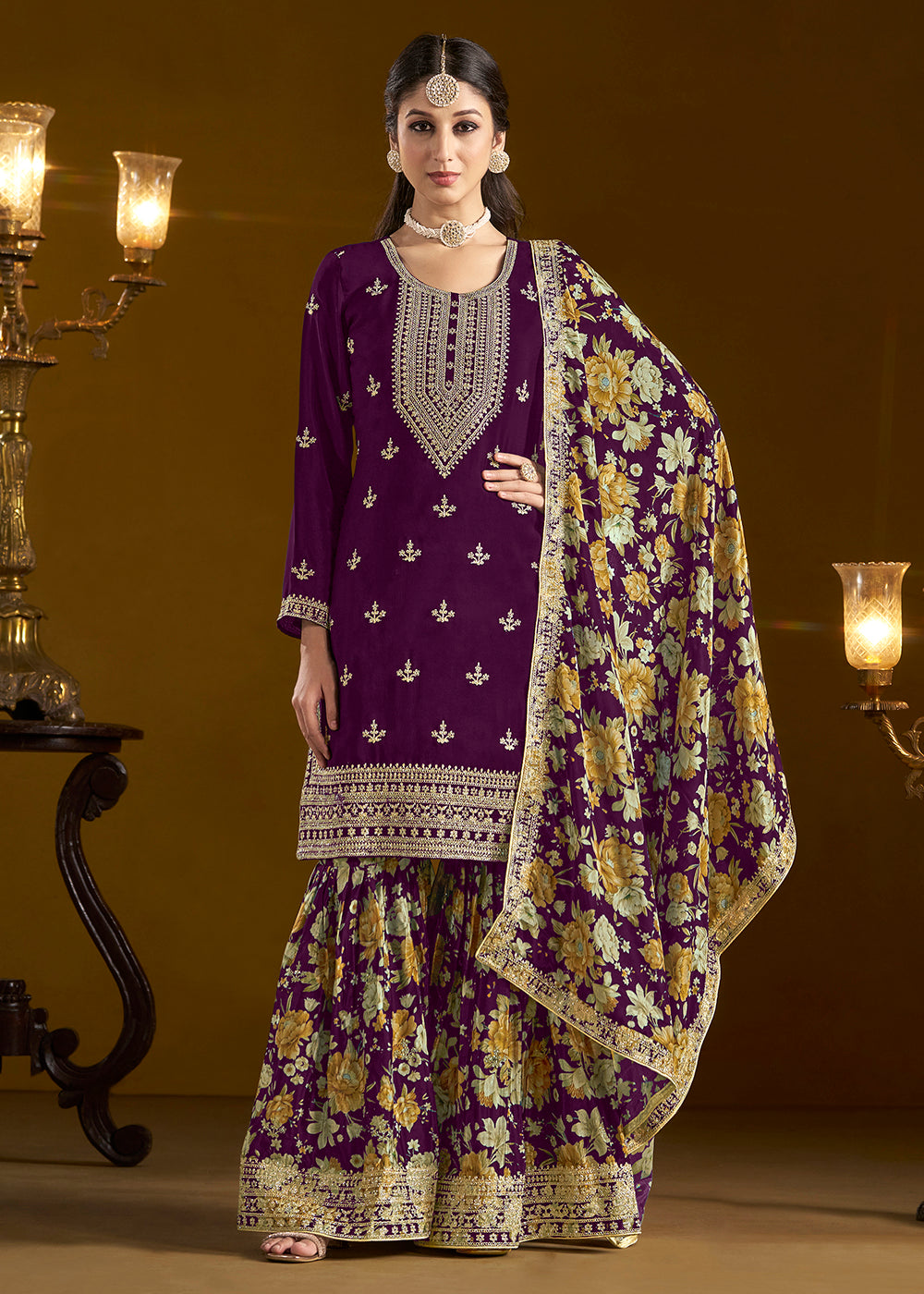 Shop Now Traditional Purple Embroidered Chinnon Festive Gharara Suit Online at Empress Clothing in USA, UK, Canada, Germany, UAE & Worldwide.