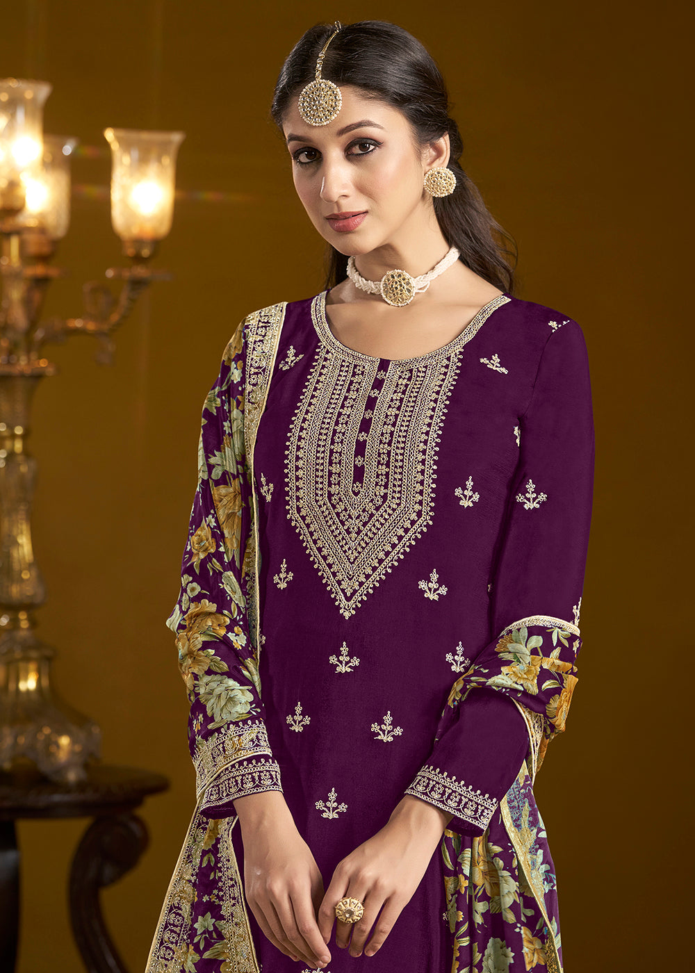 Shop Now Traditional Purple Embroidered Chinnon Festive Gharara Suit Online at Empress Clothing in USA, UK, Canada, Germany, UAE & Worldwide.