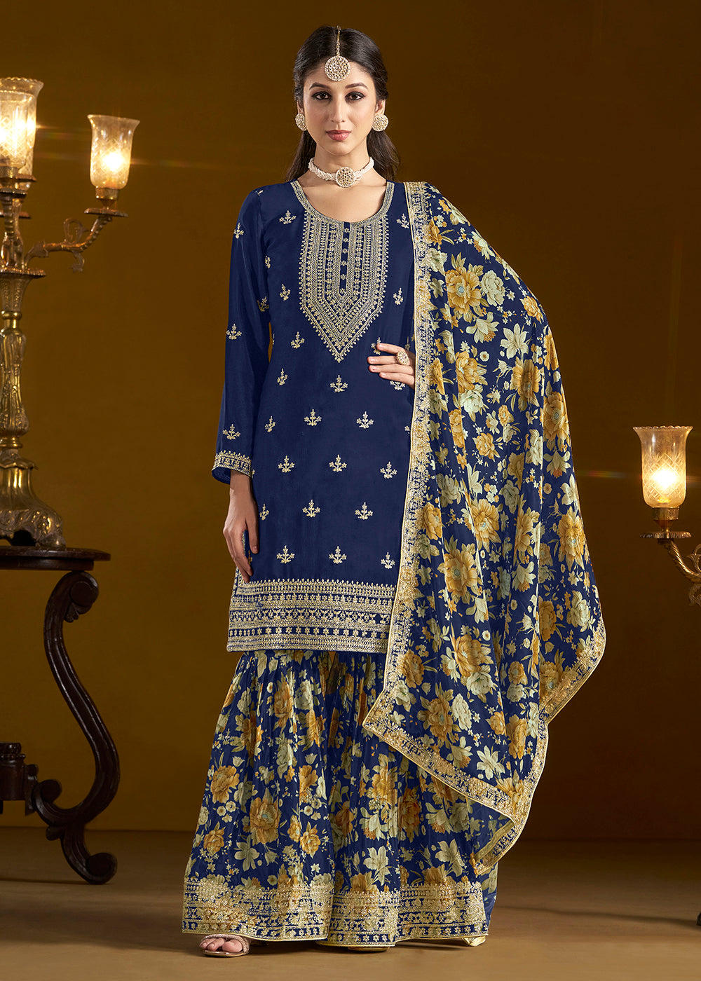 Shop Now Traditional Blue Embroidered Chinnon Festive Gharara Suit Online at Empress Clothing in USA, UK, Canada, Germany, UAE & Worldwide. 