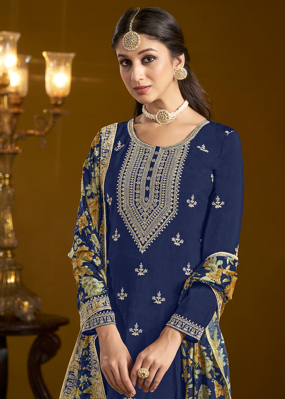 Shop Now Traditional Blue Embroidered Chinnon Festive Gharara Suit Online at Empress Clothing in USA, UK, Canada, Germany, UAE & Worldwide. 