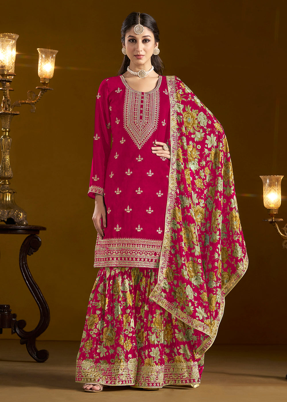 Shop Now Traditional Pink Embroidered Chinnon Festive Gharara Suit Online at Empress Clothing in USA, UK, Canada, Germany, UAE & Worldwide. 