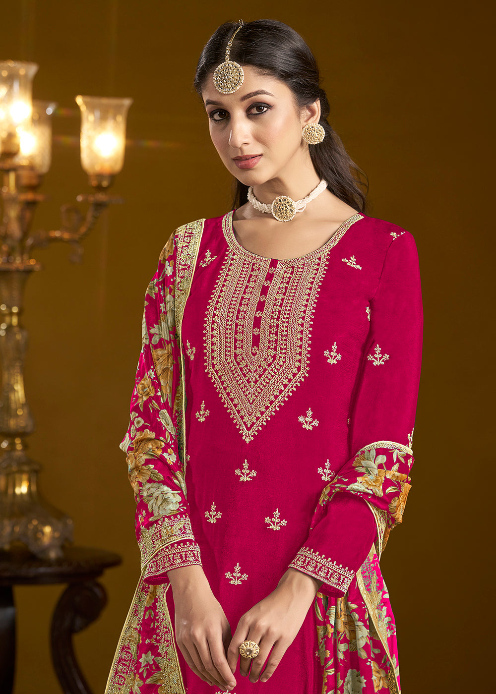 Shop Now Traditional Pink Embroidered Chinnon Festive Gharara Suit Online at Empress Clothing in USA, UK, Canada, Germany, UAE & Worldwide. 