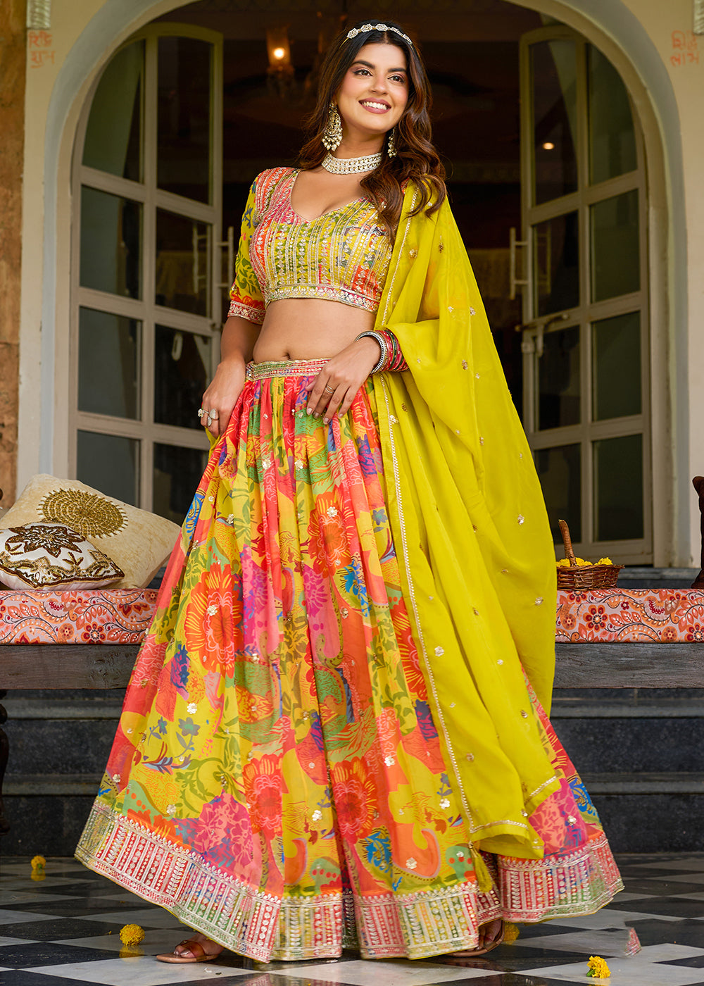 Buy Now Yellow Multicolor Printed Embroidered Lehenga Choli Online in US, UK, Canada, France, Germany, Sweden, Greece, Denmark, Spain & Worldwide at Empress.
