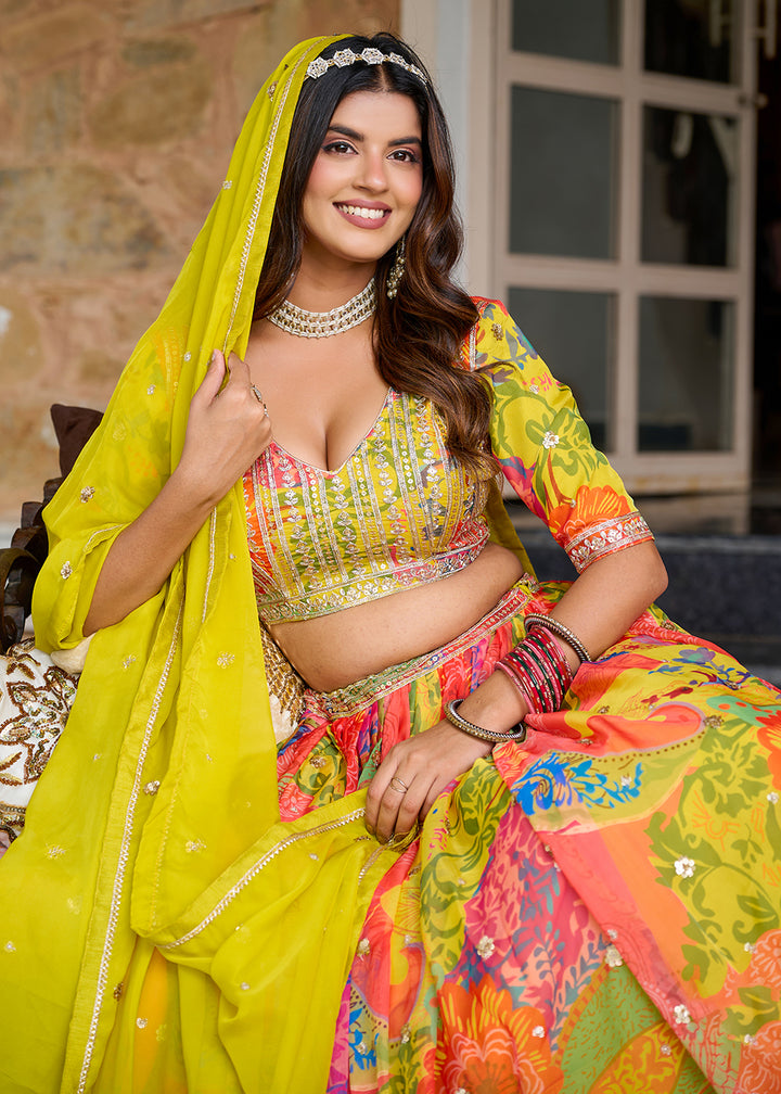 Buy Now Yellow Multicolor Printed Embroidered Lehenga Choli Online in US, UK, Canada, France, Germany, Sweden, Greece, Denmark, Spain & Worldwide at Empress.