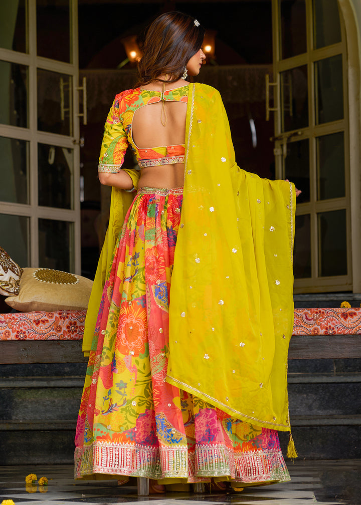 Buy Now Yellow Multicolor Printed Embroidered Lehenga Choli Online in US, UK, Canada, France, Germany, Sweden, Greece, Denmark, Spain & Worldwide at Empress.