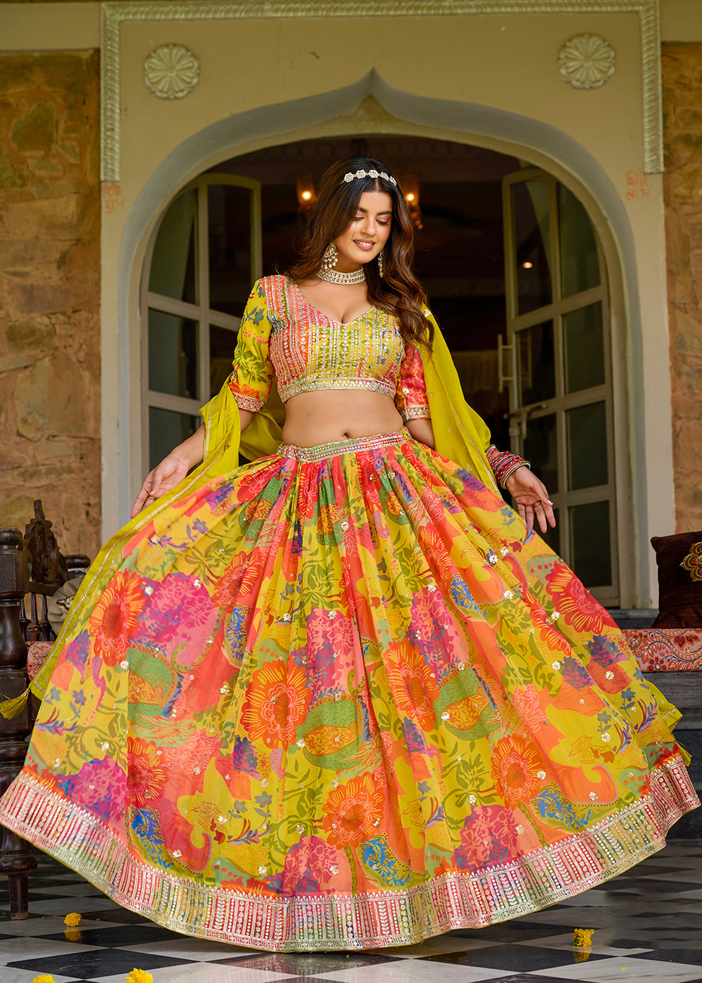 Buy Now Yellow Multicolor Printed Embroidered Lehenga Choli Online in US, UK, Canada, France, Germany, Sweden, Greece, Denmark, Spain & Worldwide at Empress.