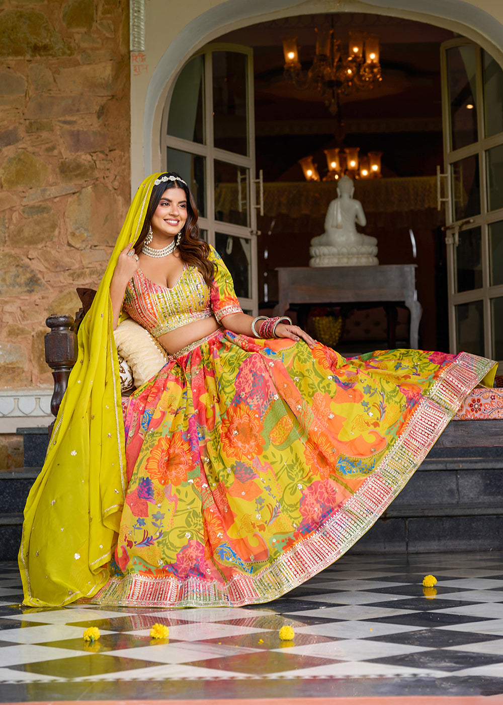 Buy Now Yellow Multicolor Printed Embroidered Lehenga Choli Online in US, UK, Canada, France, Germany, Sweden, Greece, Denmark, Spain & Worldwide at Empress.