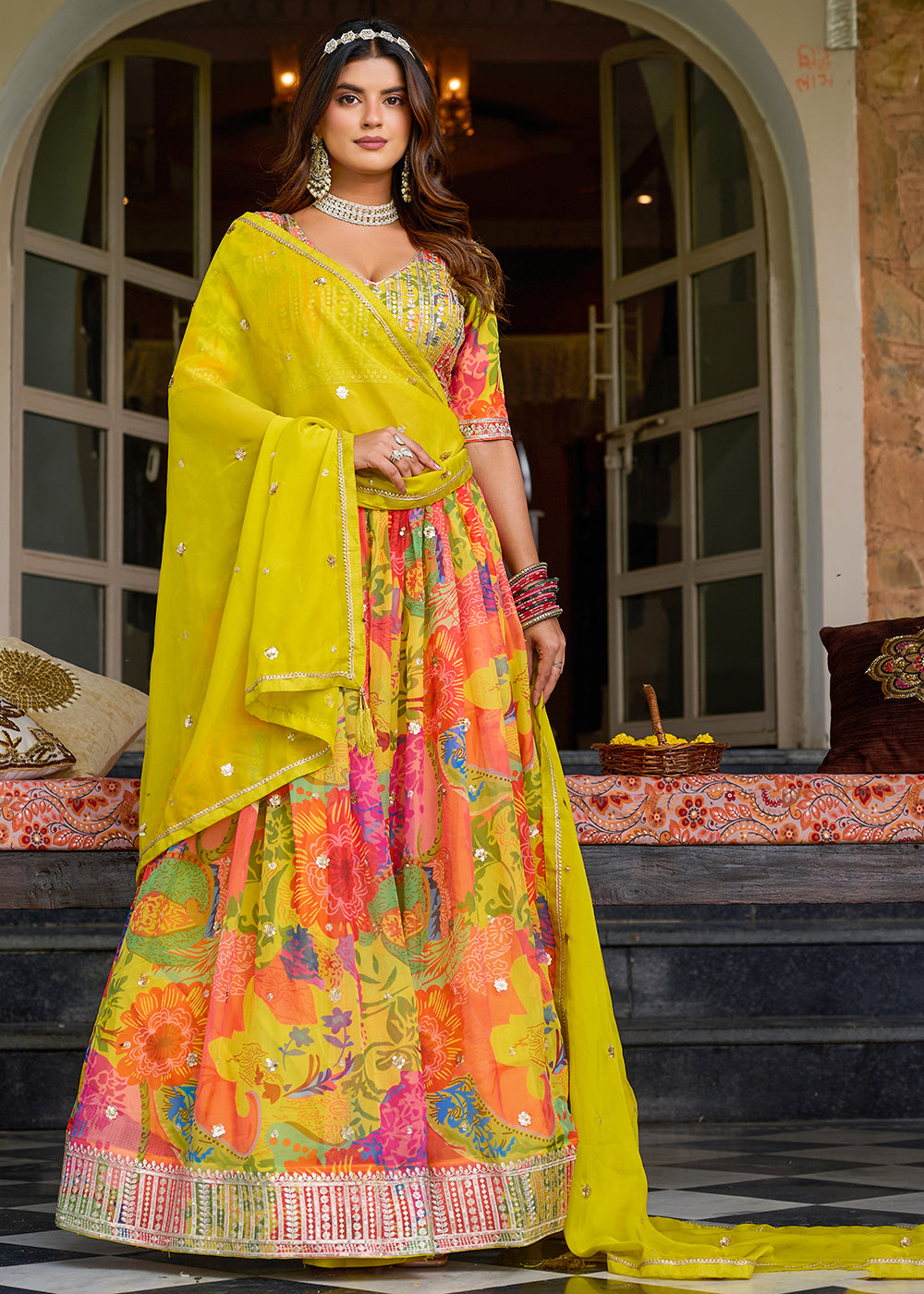 Buy Now Yellow Multicolor Printed Embroidered Lehenga Choli Online in US, UK, Canada, France, Germany, Sweden, Greece, Denmark, Spain & Worldwide at Empress.