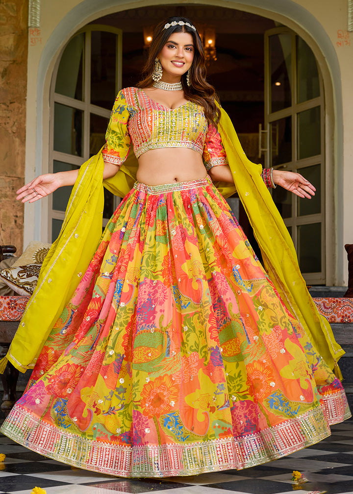 Buy Now Yellow Multicolor Printed Embroidered Lehenga Choli Online in US, UK, Canada, France, Germany, Sweden, Greece, Denmark, Spain & Worldwide at Empress.