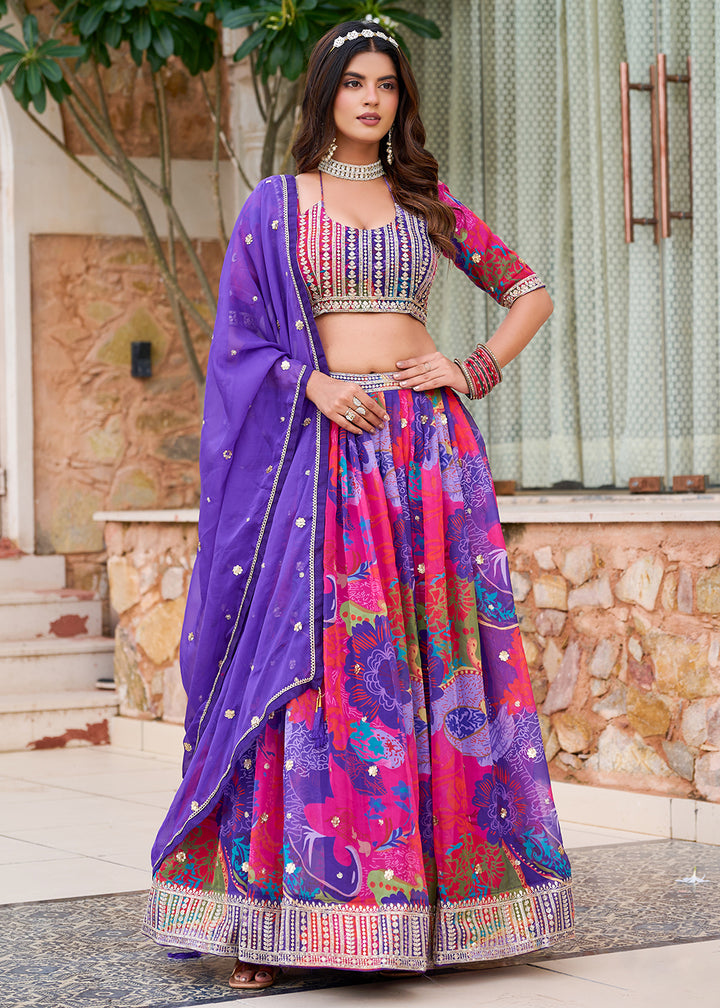 Buy Now Purple Multicolor Printed Embroidered Lehenga Choli Online in US, UK, Canada, France, Germany, Sweden, Greece, Denmark, Spain & Worldwide at Empress.