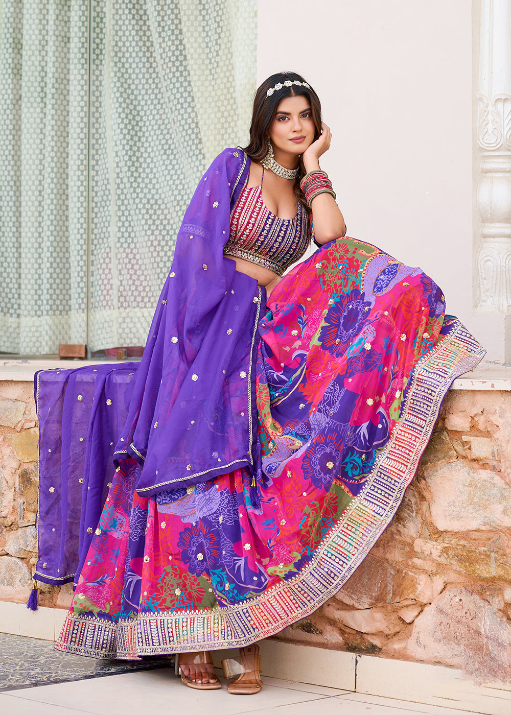 Buy Now Purple Multicolor Printed Embroidered Lehenga Choli Online in US, UK, Canada, France, Germany, Sweden, Greece, Denmark, Spain & Worldwide at Empress.