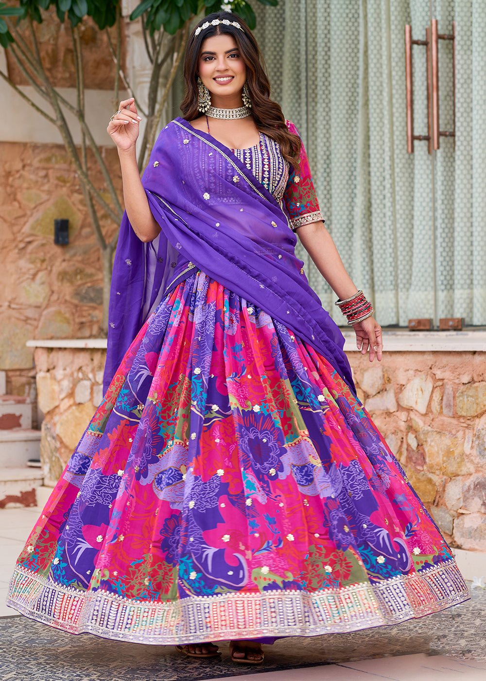 Buy Now Purple Multicolor Printed Embroidered Lehenga Choli Online in US, UK, Canada, France, Germany, Sweden, Greece, Denmark, Spain & Worldwide at Empress.