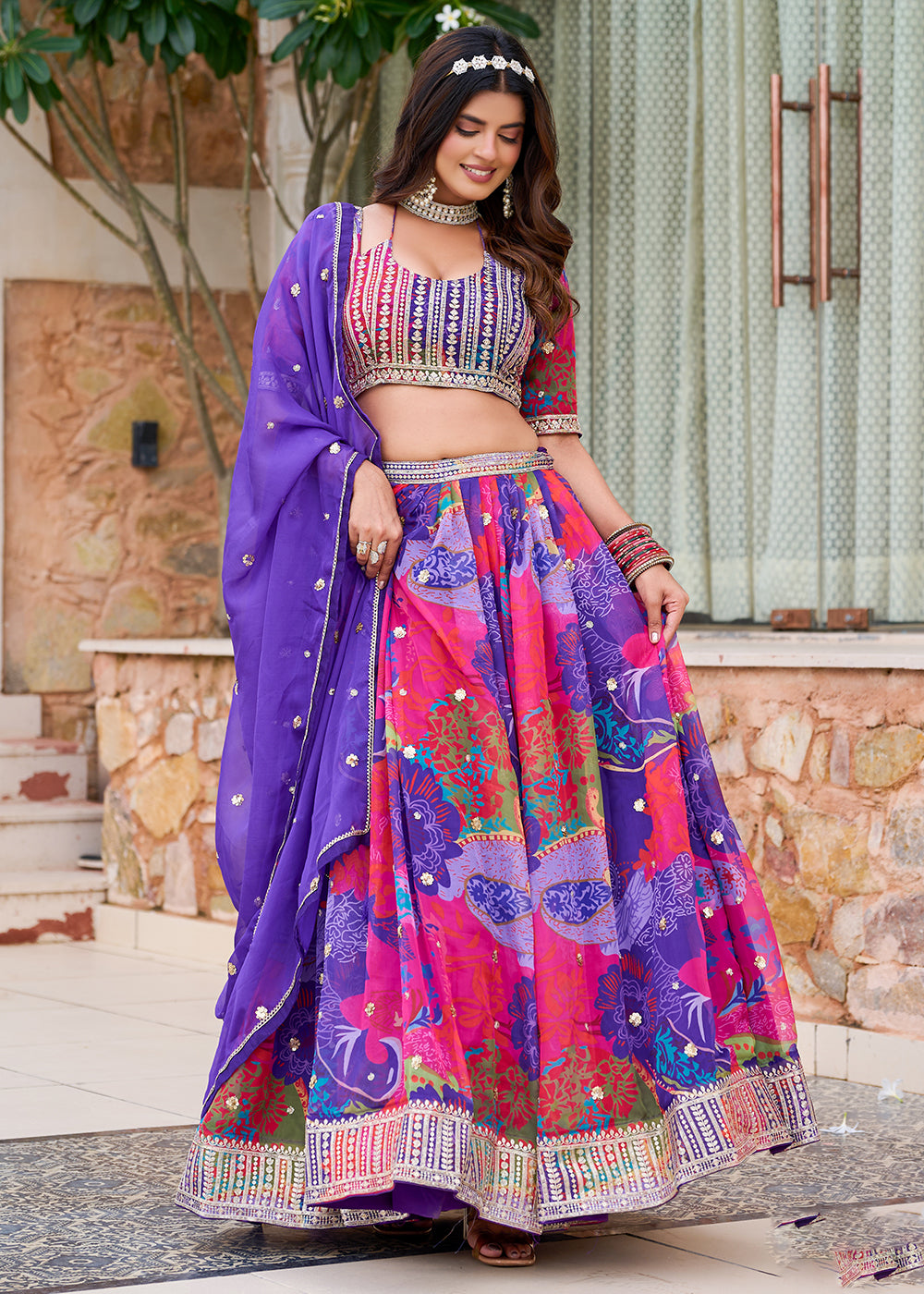 Buy Now Purple Multicolor Printed Embroidered Lehenga Choli Online in US, UK, Canada, France, Germany, Sweden, Greece, Denmark, Spain & Worldwide at Empress.