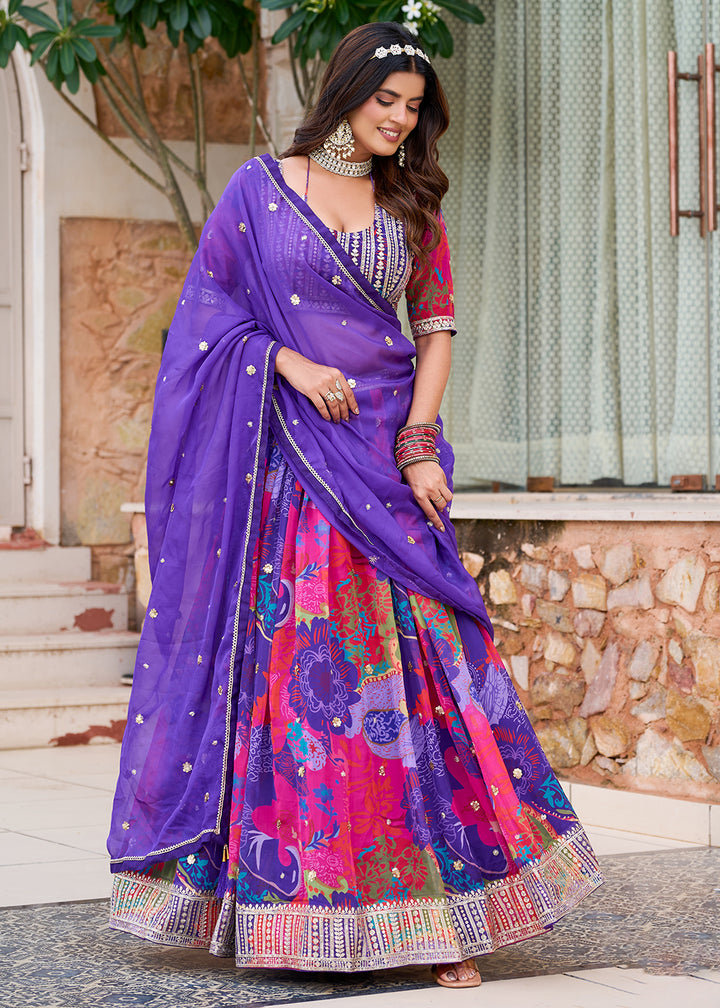 Buy Now Purple Multicolor Printed Embroidered Lehenga Choli Online in US, UK, Canada, France, Germany, Sweden, Greece, Denmark, Spain & Worldwide at Empress.