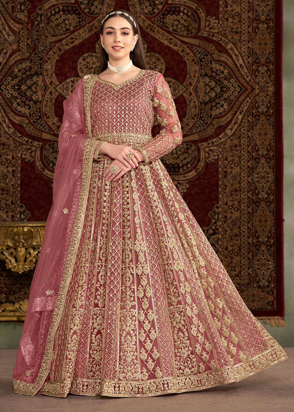 Buy Now Pink All Over Embroidered Net Wedding Anarkali Gown Online in USA, UK, Australia, Italy, Germany, Canada, UAE & Worldwide at Empress Clothing. 