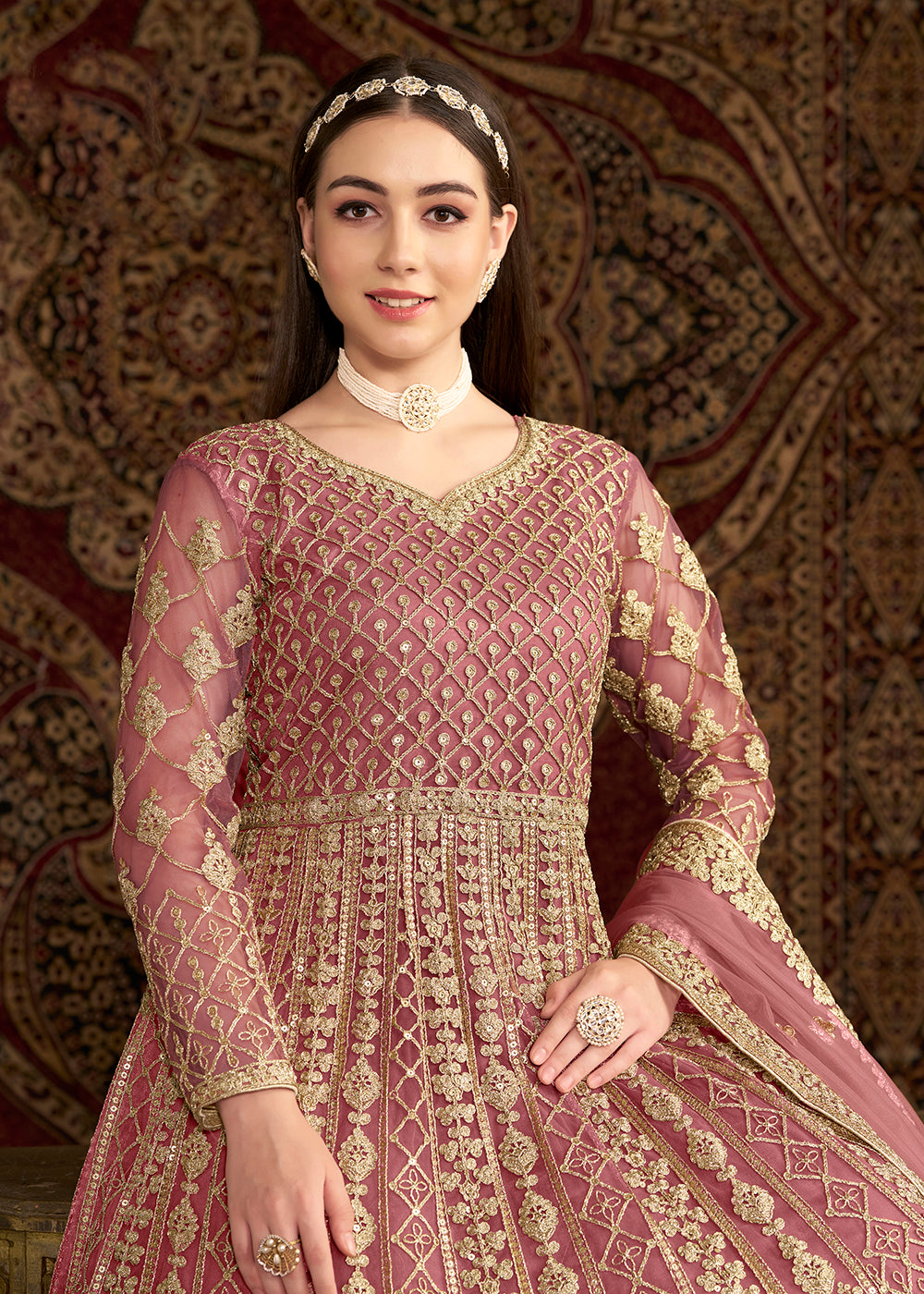 Buy Now Pink All Over Embroidered Net Wedding Anarkali Gown Online in USA, UK, Australia, Italy, Germany, Canada, UAE & Worldwide at Empress Clothing. 