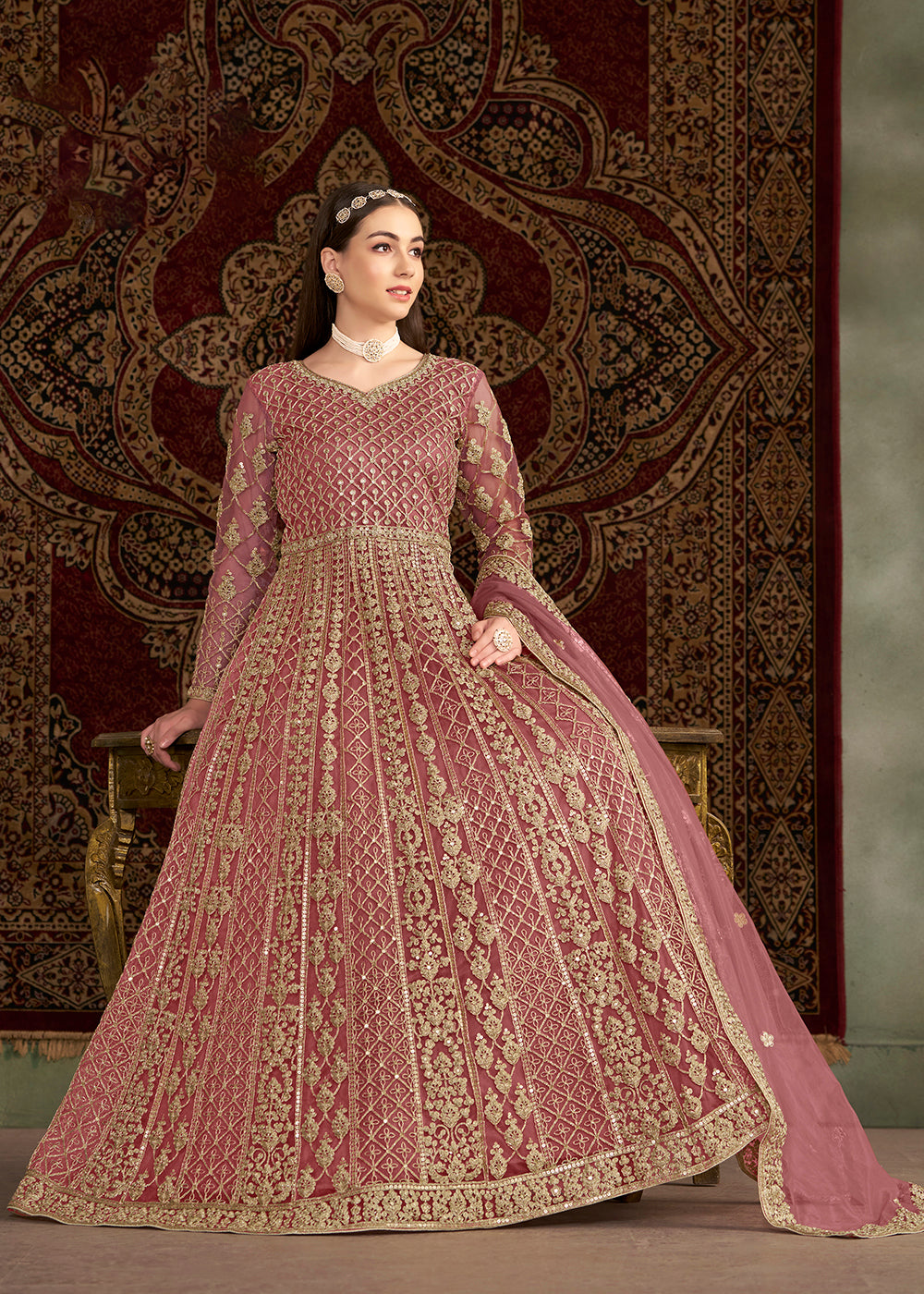Buy Wedding Anarkali UK Pink All Over Embroidered Net Anarkali