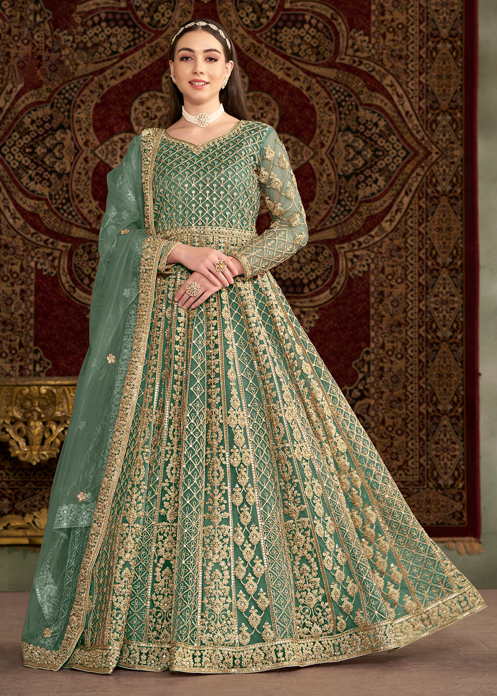 Buy Now Green All Over Embroidered Net Wedding Anarkali Gown Online in USA, UK, Australia, Italy, Germany, Canada, UAE & Worldwide at Empress Clothing.