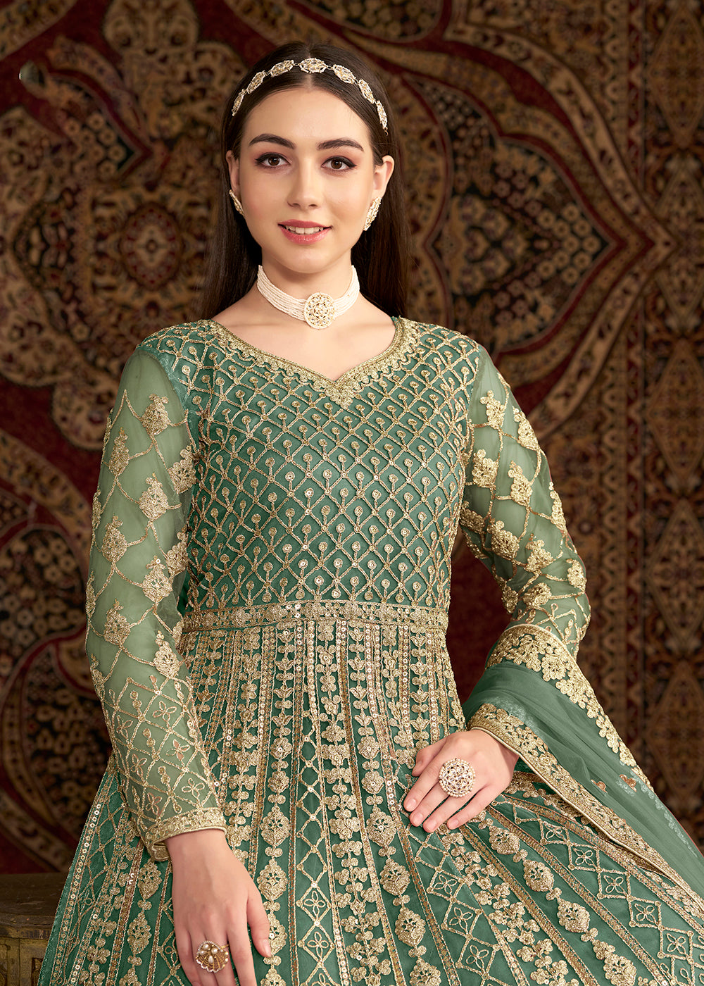 Buy Now Green All Over Embroidered Net Wedding Anarkali Gown Online in USA, UK, Australia, Italy, Germany, Canada, UAE & Worldwide at Empress Clothing.