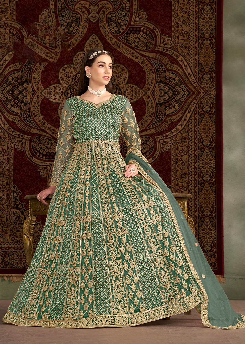 Buy Wedding Anarkali UK - Green All Over Embroidered Net Anarkali Gown Empress Clothing Buy Wedding Anarkali UK - Green All Over Embroidered Net Anarkali Gown Empress Clothing