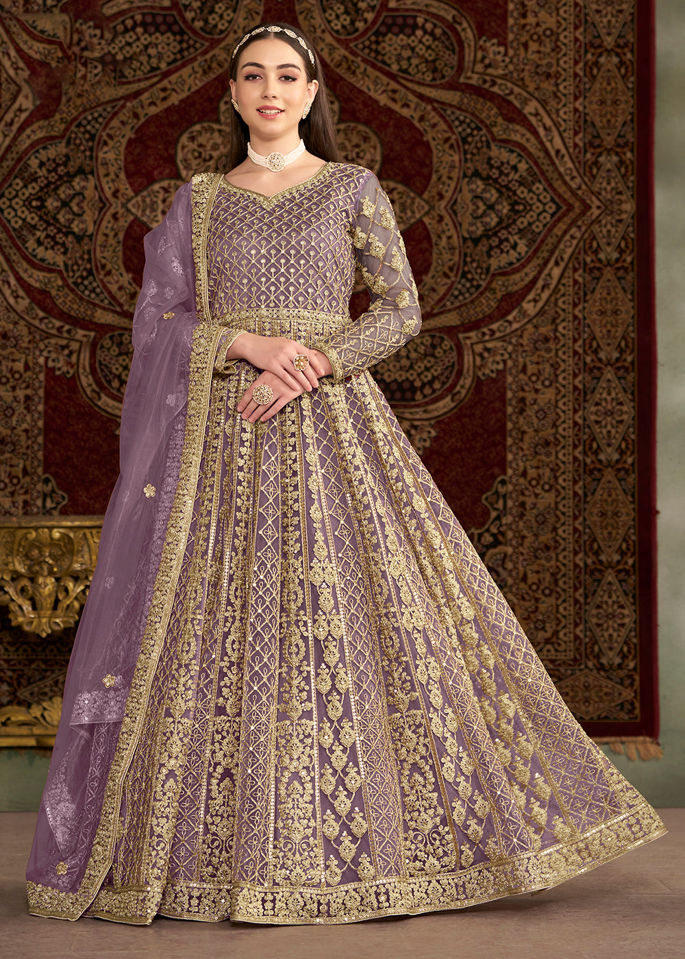 Buy Now Lavender All Over Embroidered Net Wedding Anarkali Gown Online in USA, UK, Australia, Italy, Germany, Canada, UAE & Worldwide at Empress Clothing.