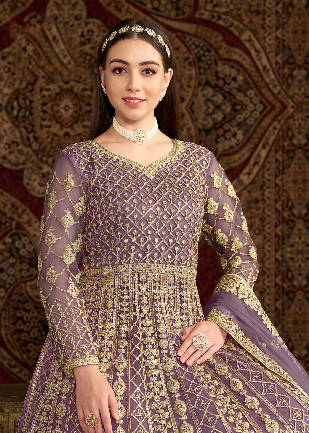 Buy Now Lavender All Over Embroidered Net Wedding Anarkali Gown Online in USA, UK, Australia, Italy, Germany, Canada, UAE & Worldwide at Empress Clothing.