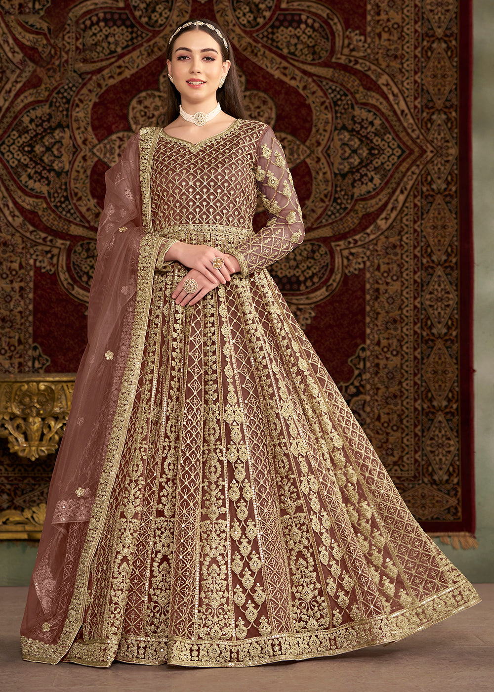 Buy Now Brown All Over Embroidered Net Wedding Anarkali Gown Online in USA, UK, Australia, Italy, Germany, Canada, UAE & Worldwide at Empress Clothing.