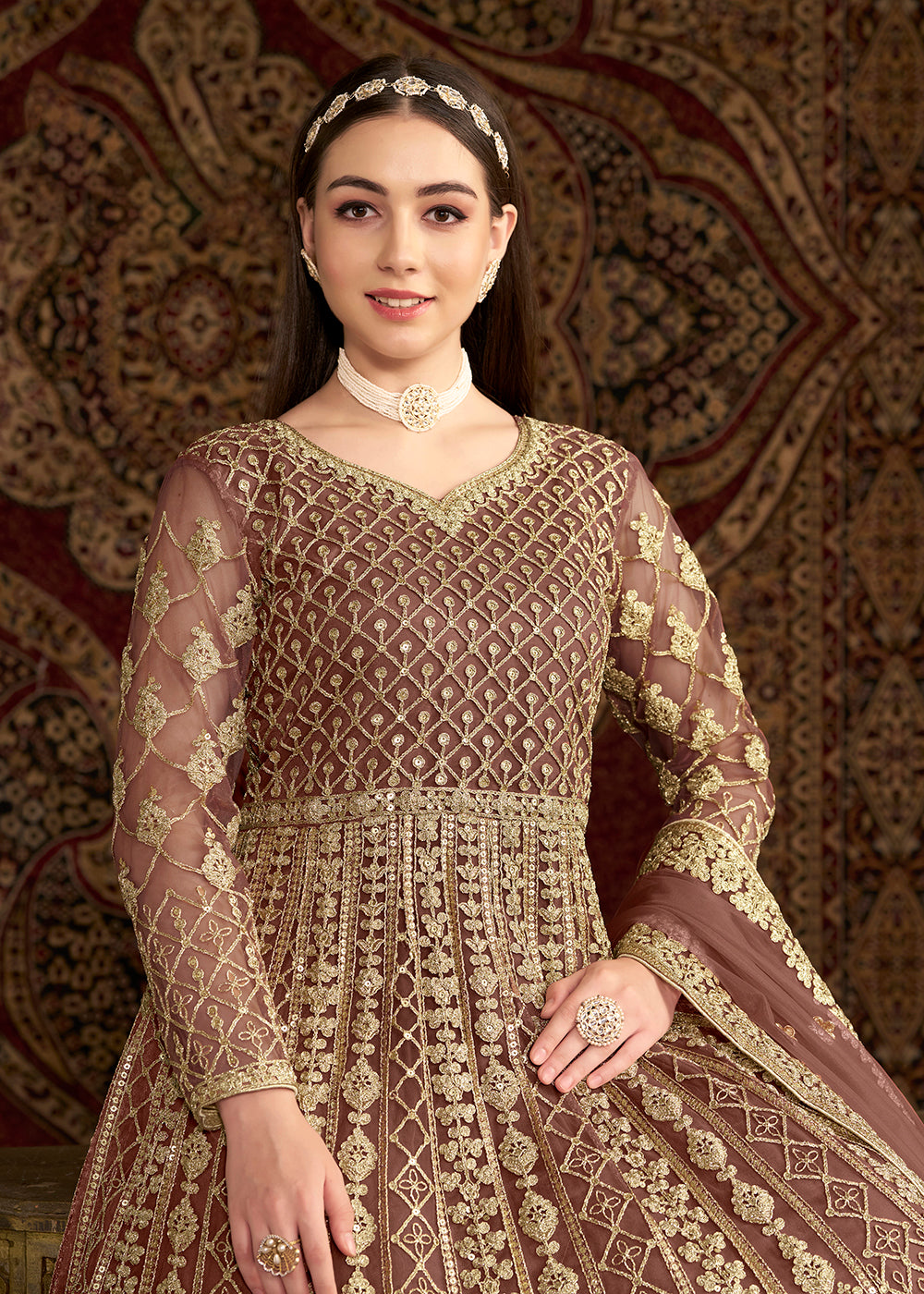 Buy Now Brown All Over Embroidered Net Wedding Anarkali Gown Online in USA, UK, Australia, Italy, Germany, Canada, UAE & Worldwide at Empress Clothing.