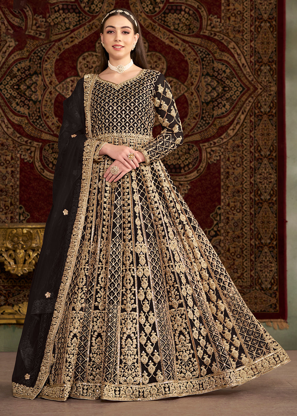 Buy Now Black All Over Embroidered Net Wedding Anarkali Gown Online in USA, UK, Australia, Italy, Germany, Canada, UAE & Worldwide at Empress Clothing. 