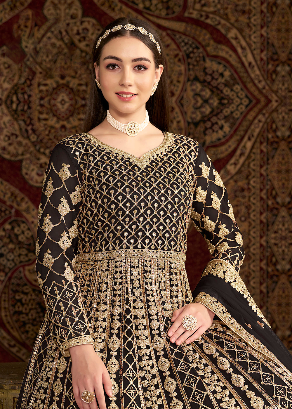 Buy Now Black All Over Embroidered Net Wedding Anarkali Gown Online in USA, UK, Australia, Italy, Germany, Canada, UAE & Worldwide at Empress Clothing. 