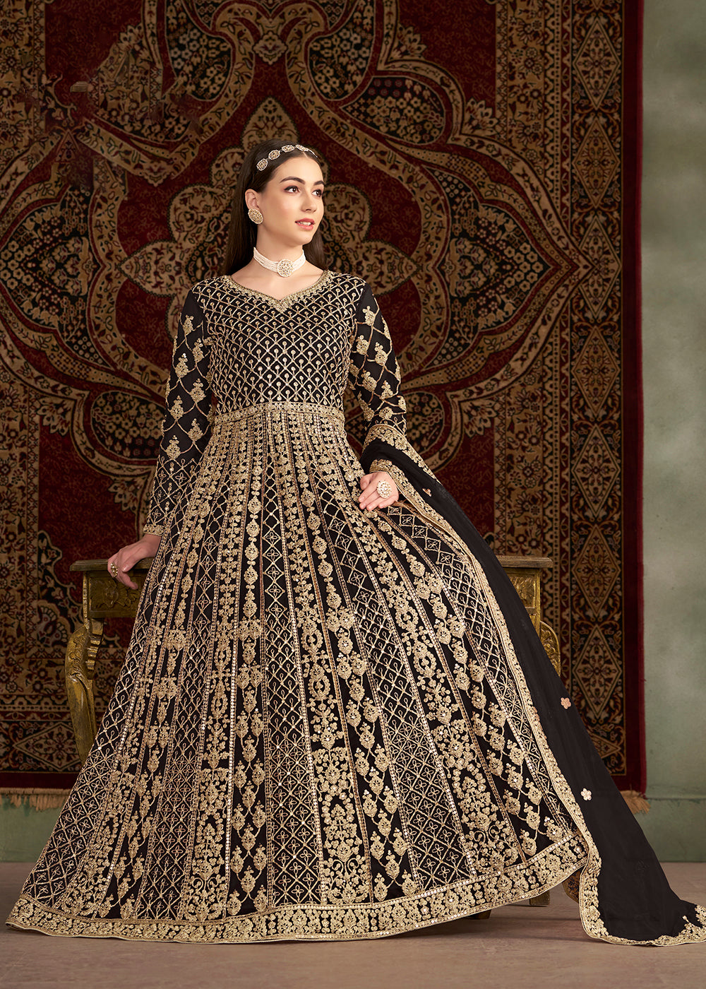 Buy Wedding Anarkali - Black All Over Embroidered Net Anarkali Gown Buy Wedding Anarkali - Black All Over Embroidered Net Anarkali Gown