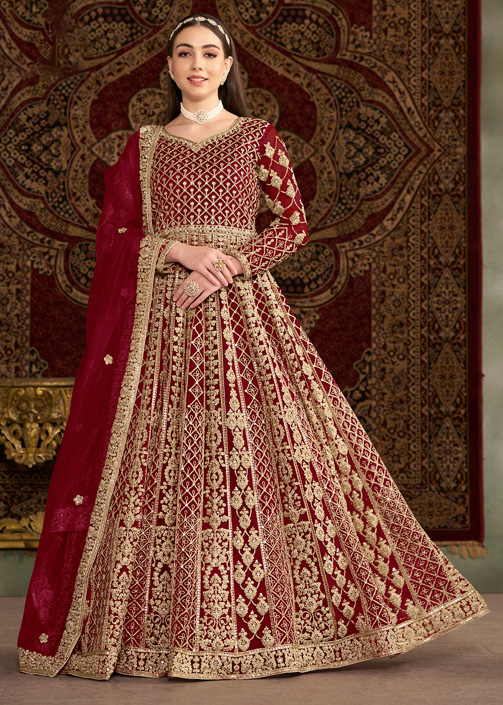 Buy Now Maroon All Over Embroidered Net Wedding Anarkali Gown Online in USA, UK, Australia, Italy, Germany, Canada, UAE & Worldwide at Empress Clothing.