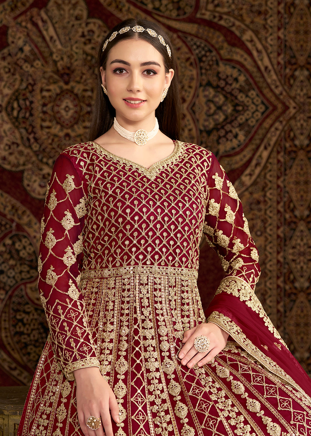 Buy Now Maroon All Over Embroidered Net Wedding Anarkali Gown Online in USA, UK, Australia, Italy, Germany, Canada, UAE & Worldwide at Empress Clothing.