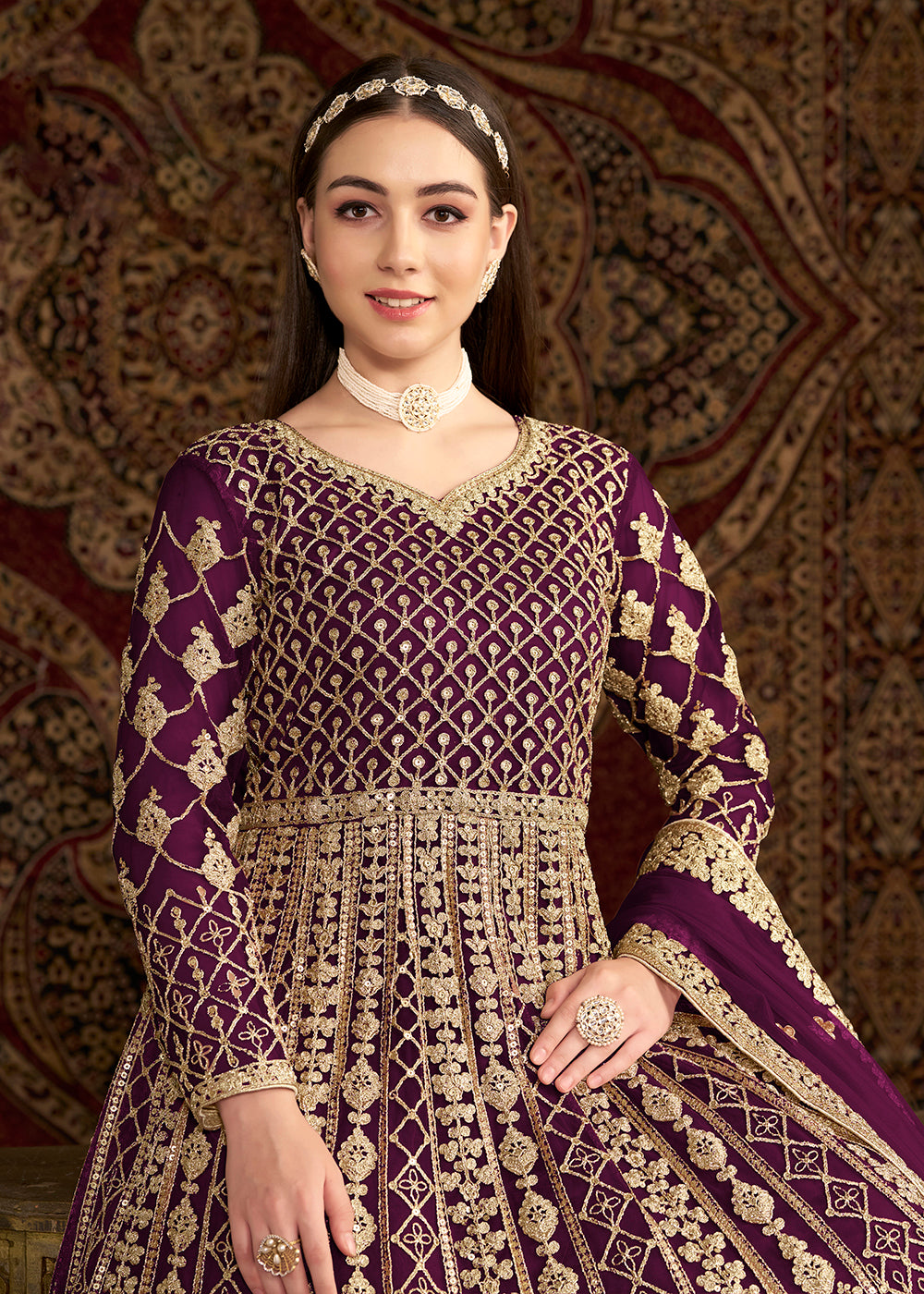 Buy Now Purple All Over Embroidered Net Wedding Anarkali Gown Online in USA, UK, Australia, Italy, Germany, Canada, UAE & Worldwide at Empress Clothing.