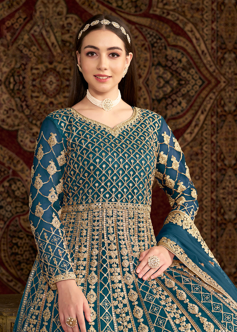 Buy Now Teal Blue All Over Embroidered Net Wedding Anarkali Gown Online in USA, UK, Australia, Italy, Germany, Canada, UAE & Worldwide at Empress Clothing.