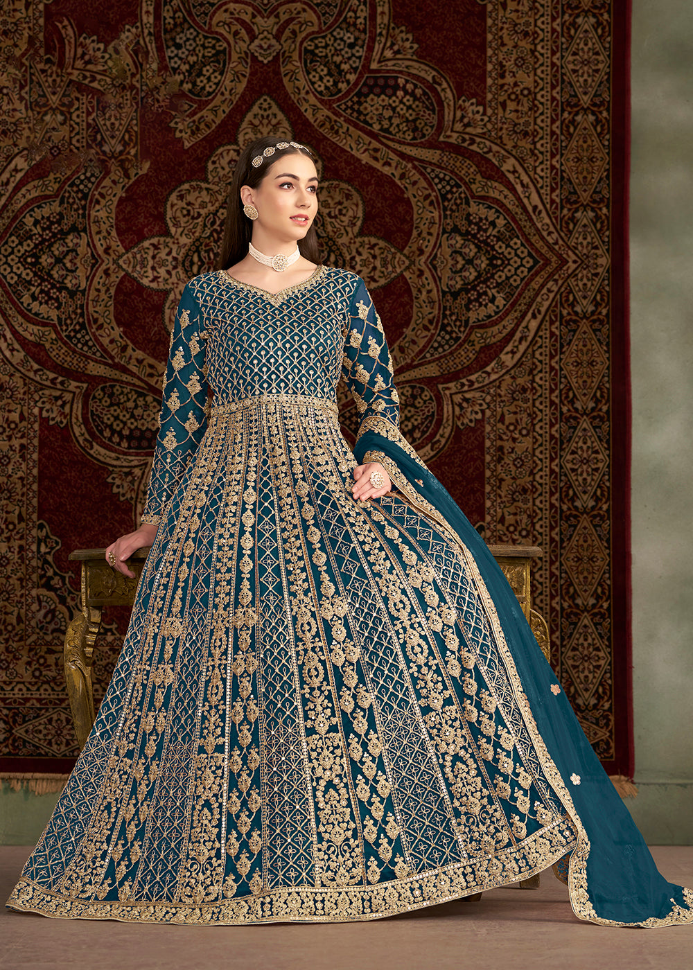 Wedding Anarkali - Teal Blue All Over Embroidered Net Anarkali Gown Wedding Anarkali - Teal Blue All Over Embroidered Net Anarkali Gown